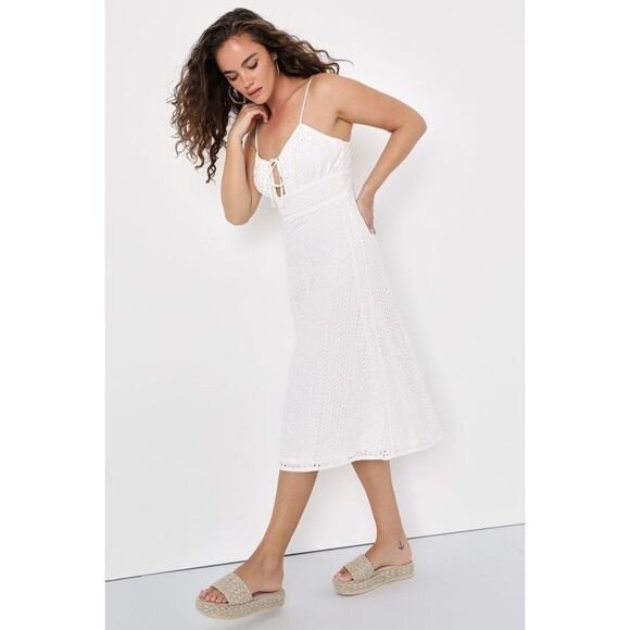 Lulus Adored Aura White Eyelet Embroidered Cutout Midi Dress - Size XL - Picture 1 of 12